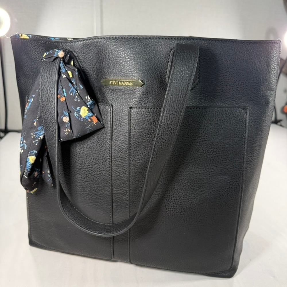 Steve Madden Tote Bag Large Black Faux Leather Floral Scarf Cottagecore
